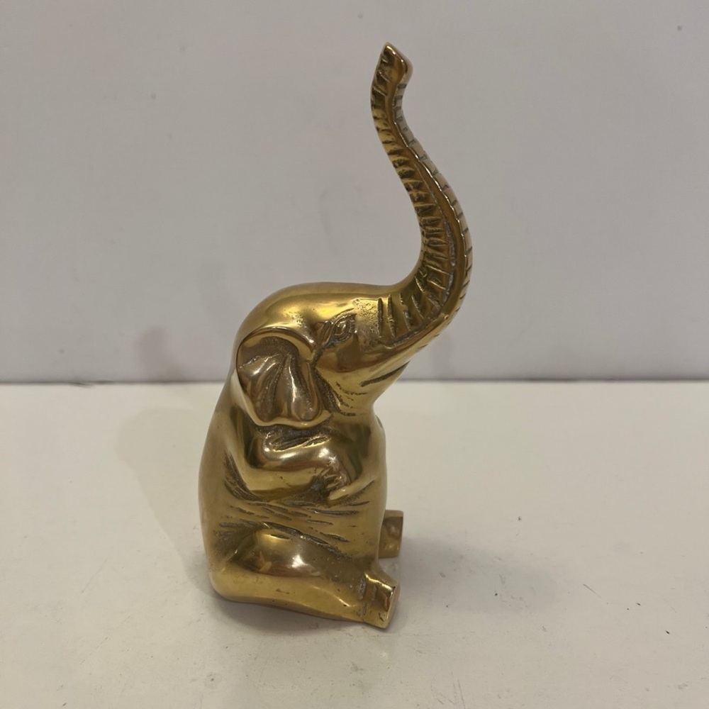Vintage Brass Sitting Elephant Trunk Up Statue, Solid Brass, Home Décor 6 Inch